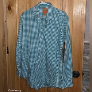 Egara Dress Shirt Mens 16  32/33 Teal Check Slim Fit Non Iron Cotton Button Up